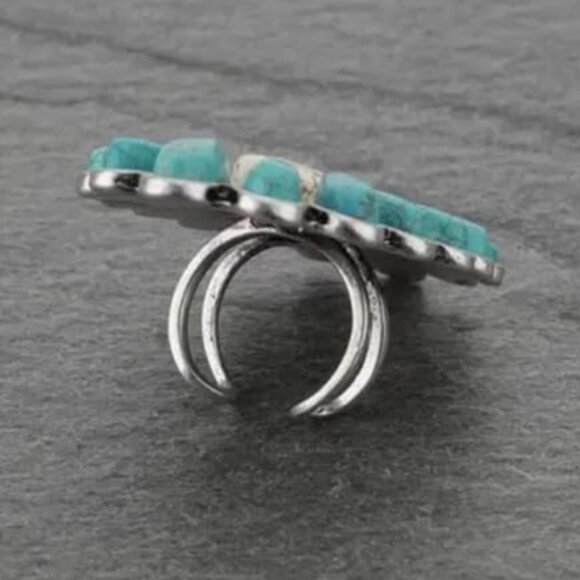 Flower White and Turquoise Statement Resizable Ring - Picture 3 of 3